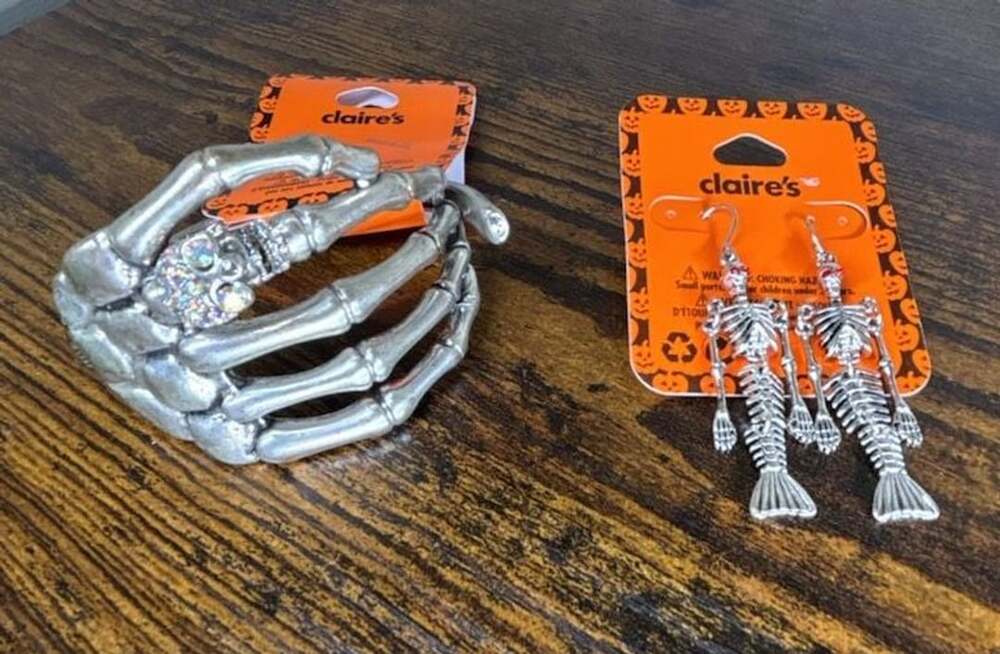Claire's Halloween Silver Tone Skeleton Hand Bracelet And Skeleton Fish Earrings